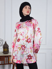 MultiColor Printed Soft Satin Fabric Front Open Modest Shirt For Women