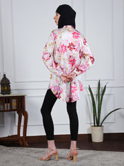 MultiColor Printed Soft Satin Fabric Front Open Modest Shirt For Women