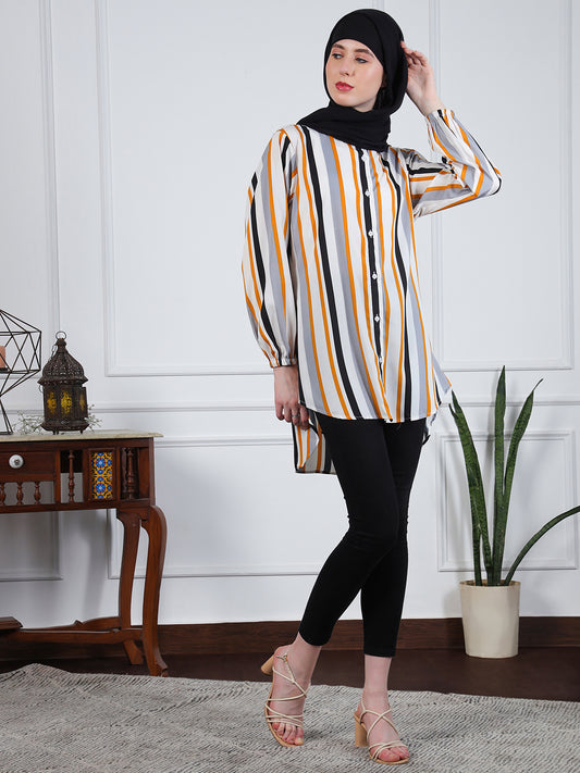 Front Open Multi-Color Striped Modest Shirt For Women