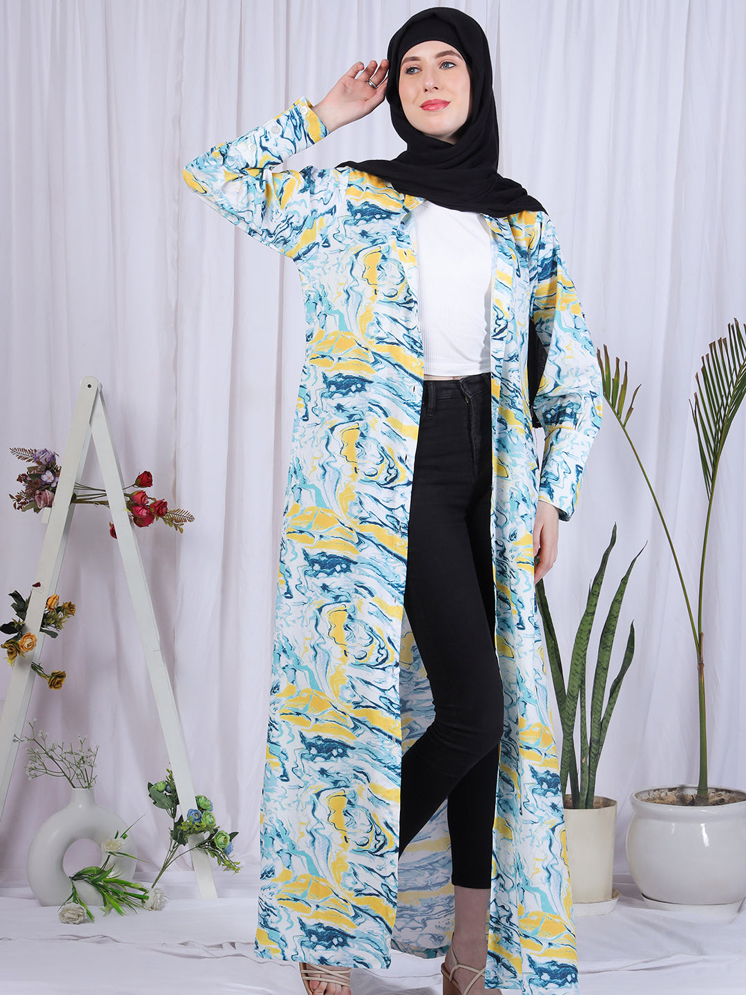 Front Open Striped Abaya with Black Georgette Hijab