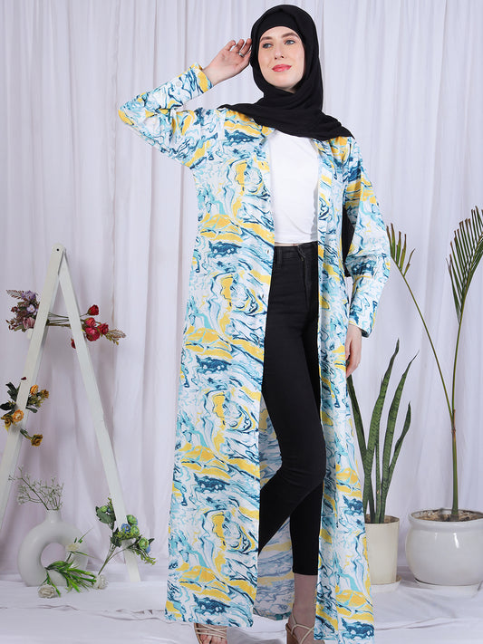 Women's Multi-Color Printed Front Open Abaya with Black Georgette Hijab