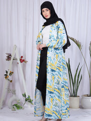 Women's Multi-Color Printed Front Open Abaya with Black Georgette Hijab