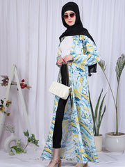 Women's Multi-Color Printed Front Open Abaya with Black Georgette Hijab