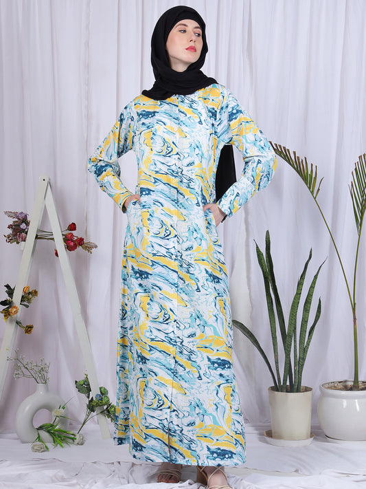 Front Open Striped Abaya with Black Georgette Hijab