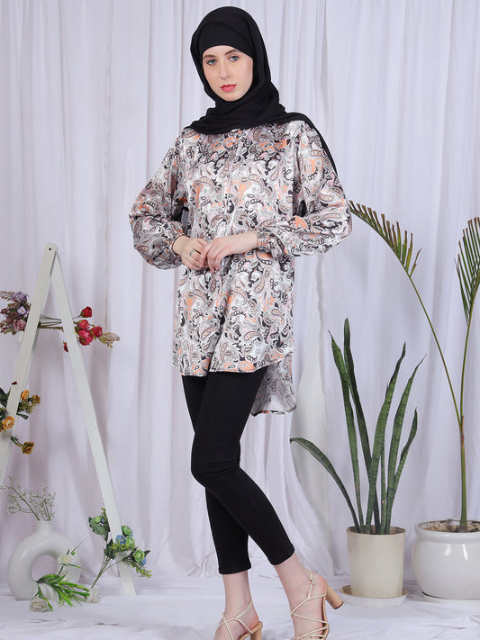 Soft Satin Multi-Color Printed Front Open Modest Shirt