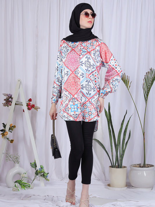 Women's Multi-Color Printed Soft Satin Fabric Front Open Modest Shirt