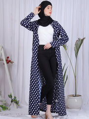 Blue Polka-Printed Front Open Abaya for Women with Black Georgette Hijab