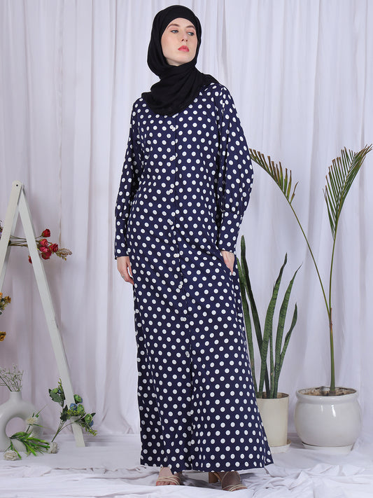Polka-Printed Front Open Abaya for Women with Black Georgette Hijab