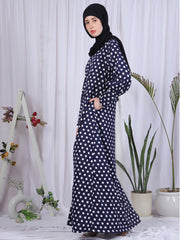 Blue Polka-Printed Front Open Abaya for Women with Black Georgette Hijab