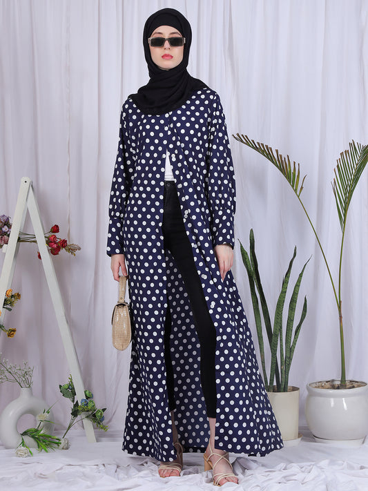 Blue Polka-Printed Front Open Abaya for Women with Black Georgette Hijab