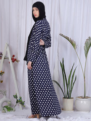 Blue Polka-Printed Front Open Abaya for Women with Black Georgette Hijab