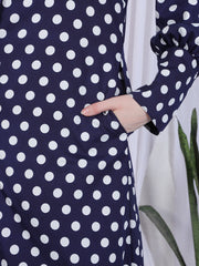 Blue Polka-Printed Front Open Abaya for Women with Black Georgette Hijab