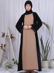 Inner Part Included Black Solid Front Open Nida Matte Shrug with Black Georgette Hijab