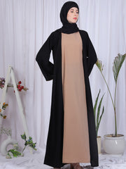 Inner Part Included Black Solid Front Open Nida Matte Shrug with Black Georgette Hijab