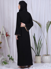 Inner Part Included Black Solid Front Open Nida Matte Shrug with Black Georgette Hijab