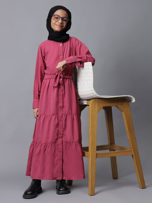 Front Open Frilled Solid Pink Abaya for Modest Kids Girls