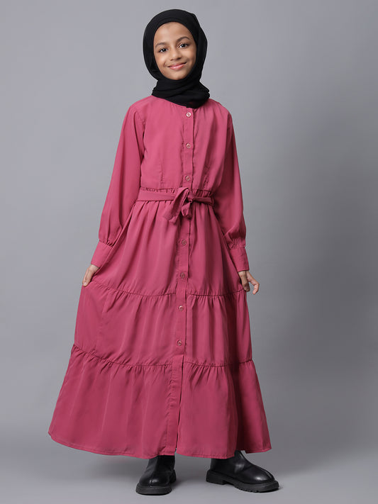 Front Open Frilled Solid Pink Abaya for Modest Kids Girls