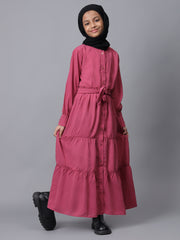 Front Open Frilled Solid Pink Abaya for Modest Kids Girls