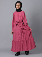 Front Open Frilled Solid Pink Abaya for Modest Kids Girls