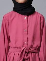 Front Open Frilled Solid Pink Abaya for Modest Kids Girls