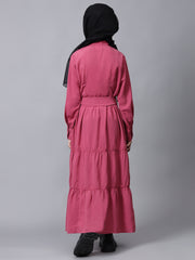 Front Open Frilled Solid Pink Abaya for Modest Kids Girls