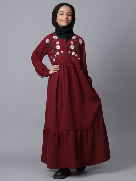 Embroidery Detailing Solid Maroon Abaya for Modest Kids Girls