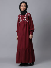 Embroidery Detailing Solid Maroon Abaya for Modest Kids Girls