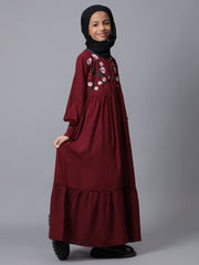 Embroidery Detailing Solid Maroon Abaya for Modest Kids Girls