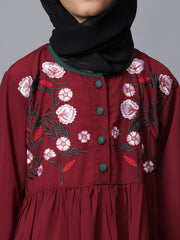 Embroidery Detailing Solid Maroon Abaya for Modest Kids Girls