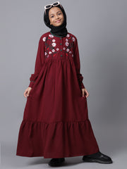 Embroidery Detailing Solid Maroon Abaya for Modest Kids Girls