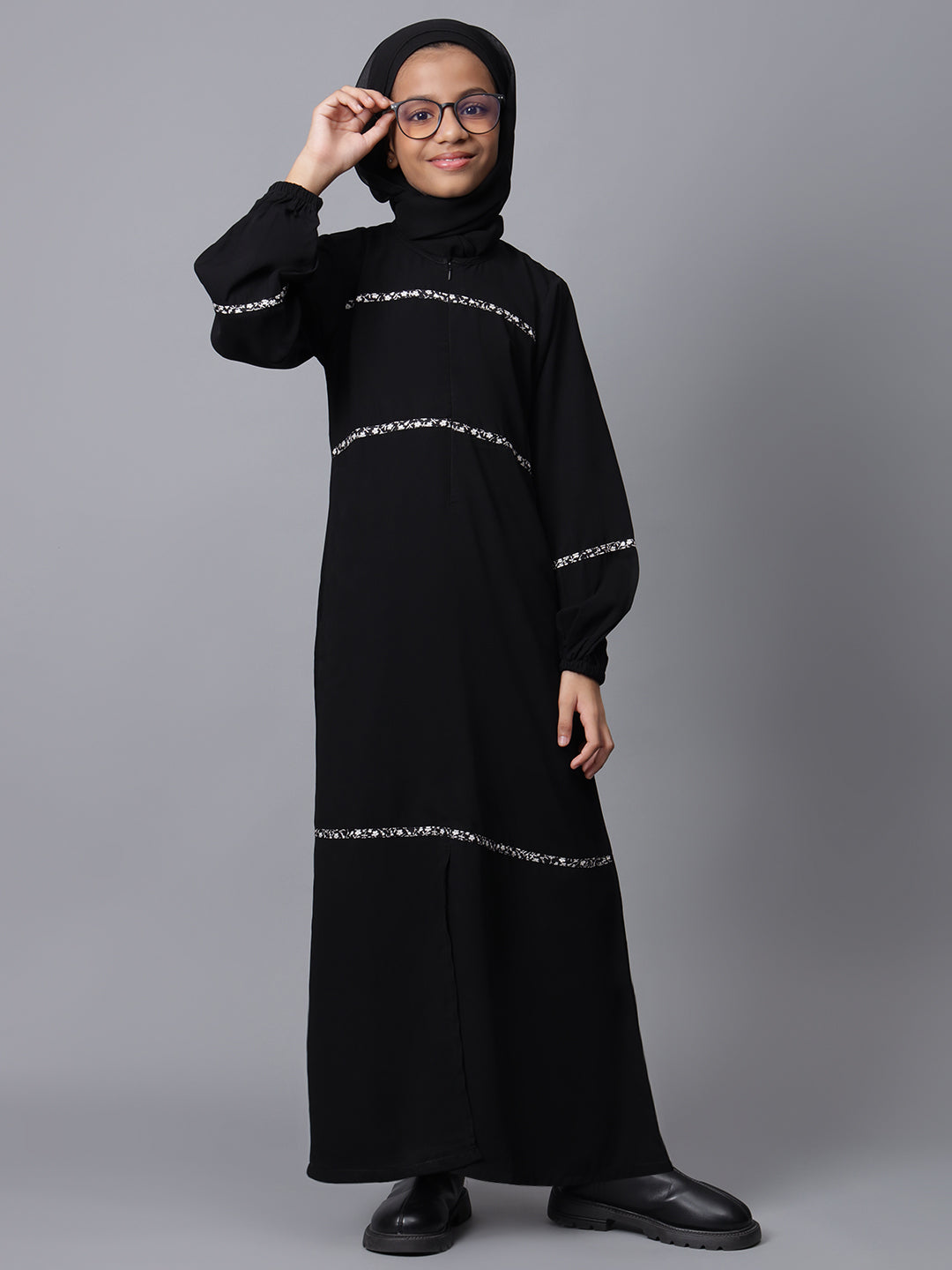 Black Solid Puff Sleves Abaya for Modest Kids Girls