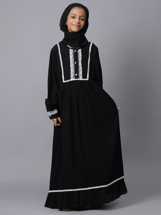 Lace Detailing Solid Black Abaya for Modest Kids Girls