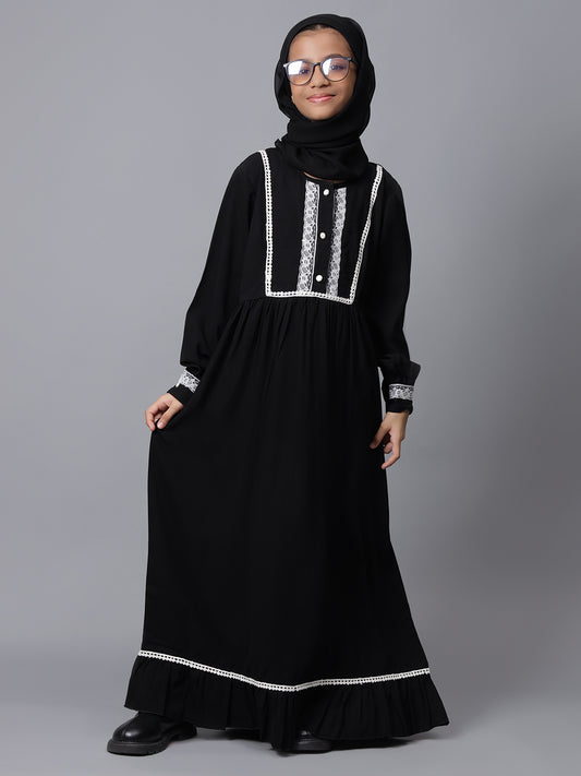 Lace Detailing Solid Black Abaya for Modest Kids Girls