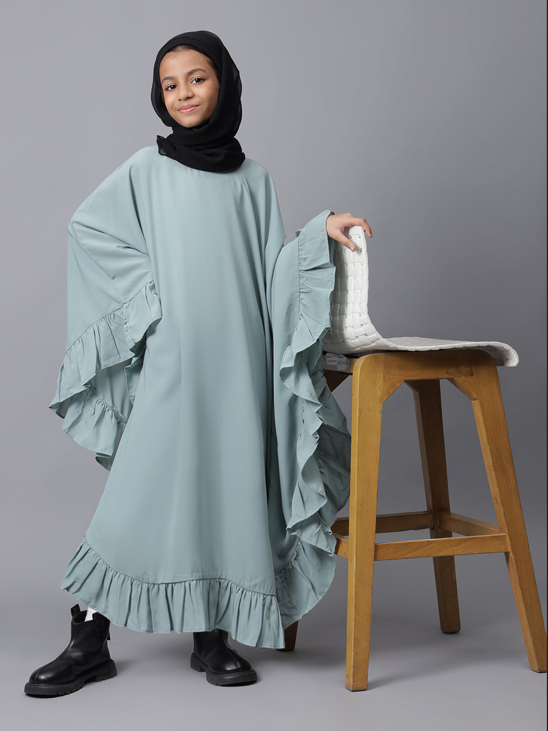 Loose Fit Solid Sea Green Kaftan Abaya for Modest Kids Girls