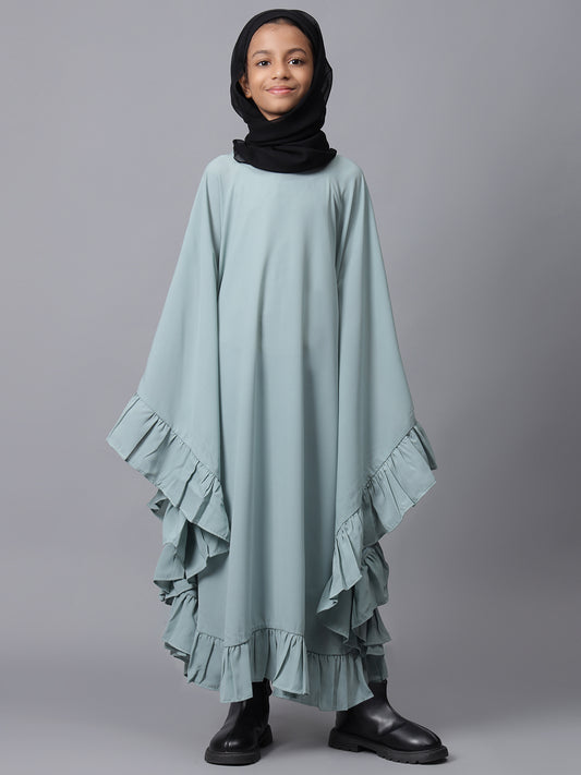 Loose Fit Solid Sea Green Kaftan Abaya for Modest Kids Girls