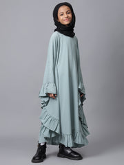 Loose Fit Solid Sea Green Kaftan Abaya for Modest Kids Girls