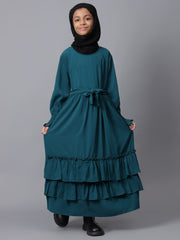 Bottle Green Solid Bell Sleeves Frill Abaya for Modest Kids Girls