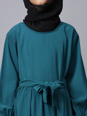 Bottle Green Solid Bell Sleeves Frill Abaya for Modest Kids Girls