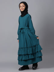 Bottle Green Solid Bell Sleeves Frill Abaya for Modest Kids Girls