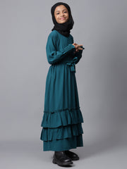 Bottle Green Solid Bell Sleeves Frill Abaya for Modest Kids Girls