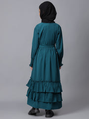 Bottle Green Solid Bell Sleeves Frill Abaya for Modest Kids Girls