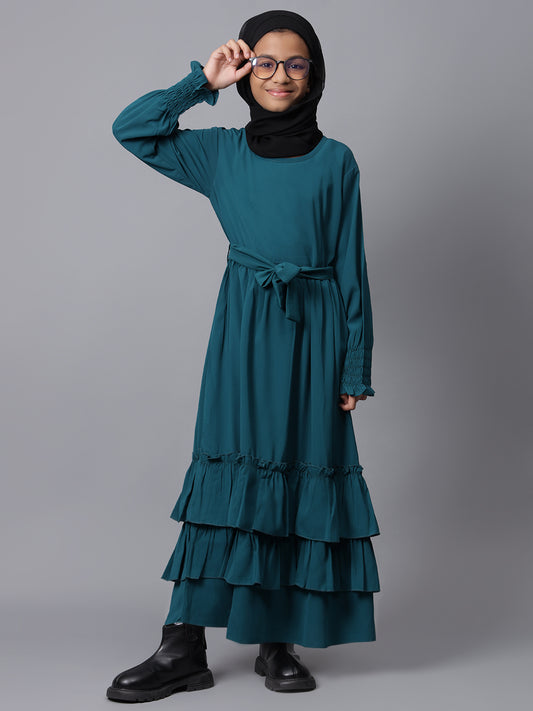 Bottle Green Solid Bell Sleeves Frill Abaya for Modest Kids Girls