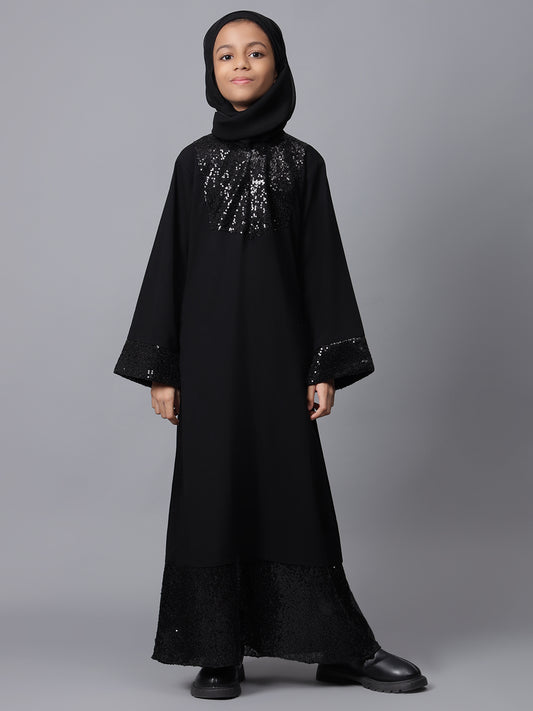 Black Solid Bell Sleeves Sequin Detailing Abaya for Modest Kids Girls