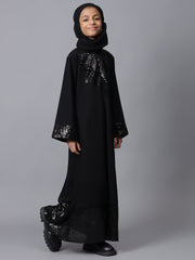 Black Solid Bell Sleeves Sequin Detailing Abaya for Modest Kids Girls