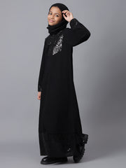 Black Solid Bell Sleeves Sequin Detailing Abaya for Modest Kids Girls