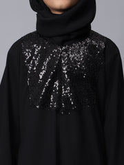 Black Solid Bell Sleeves Sequin Detailing Abaya for Modest Kids Girls