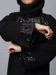 Black Solid Bell Sleeves Sequin Detailing Abaya for Modest Kids Girls