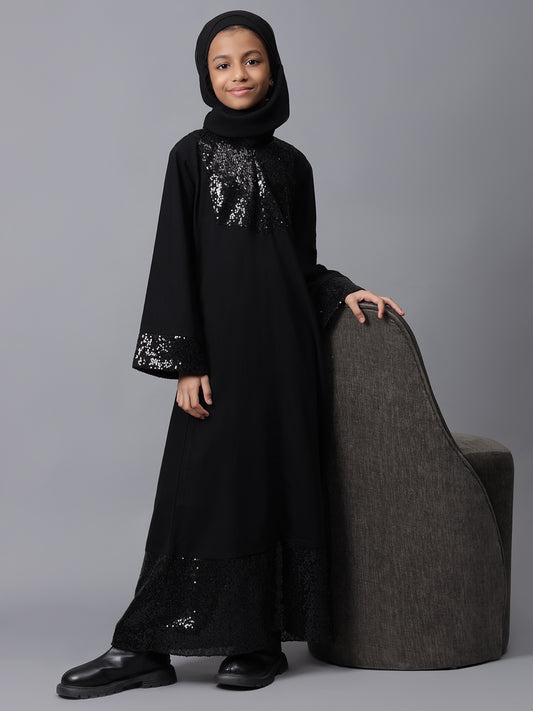 Black Solid Bell Sleeves Sequin Detailing Abaya for Modest Kids Girls