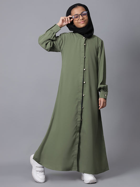 Front Open Jade Green Abaya for Modest Kids Girls