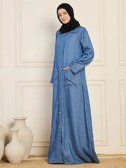 Front Open Denim Blue Solid Abaya With Black Georgette Hijab